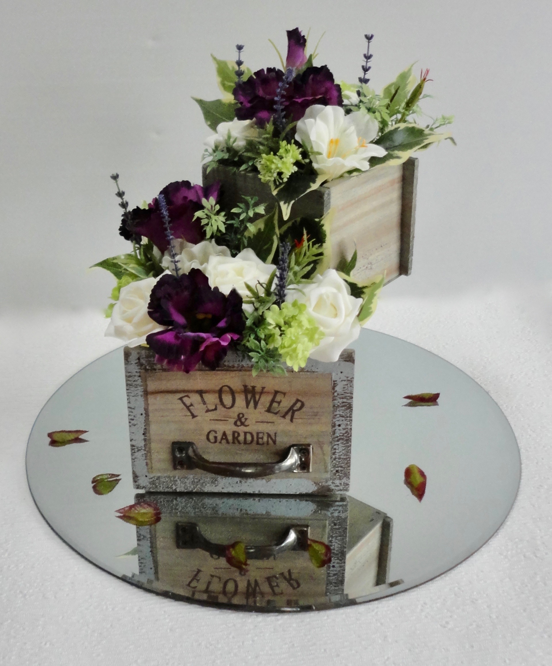 Vintage Rustic Style Wooden Planters with Floral Arrangement  Wedding Centrepiece